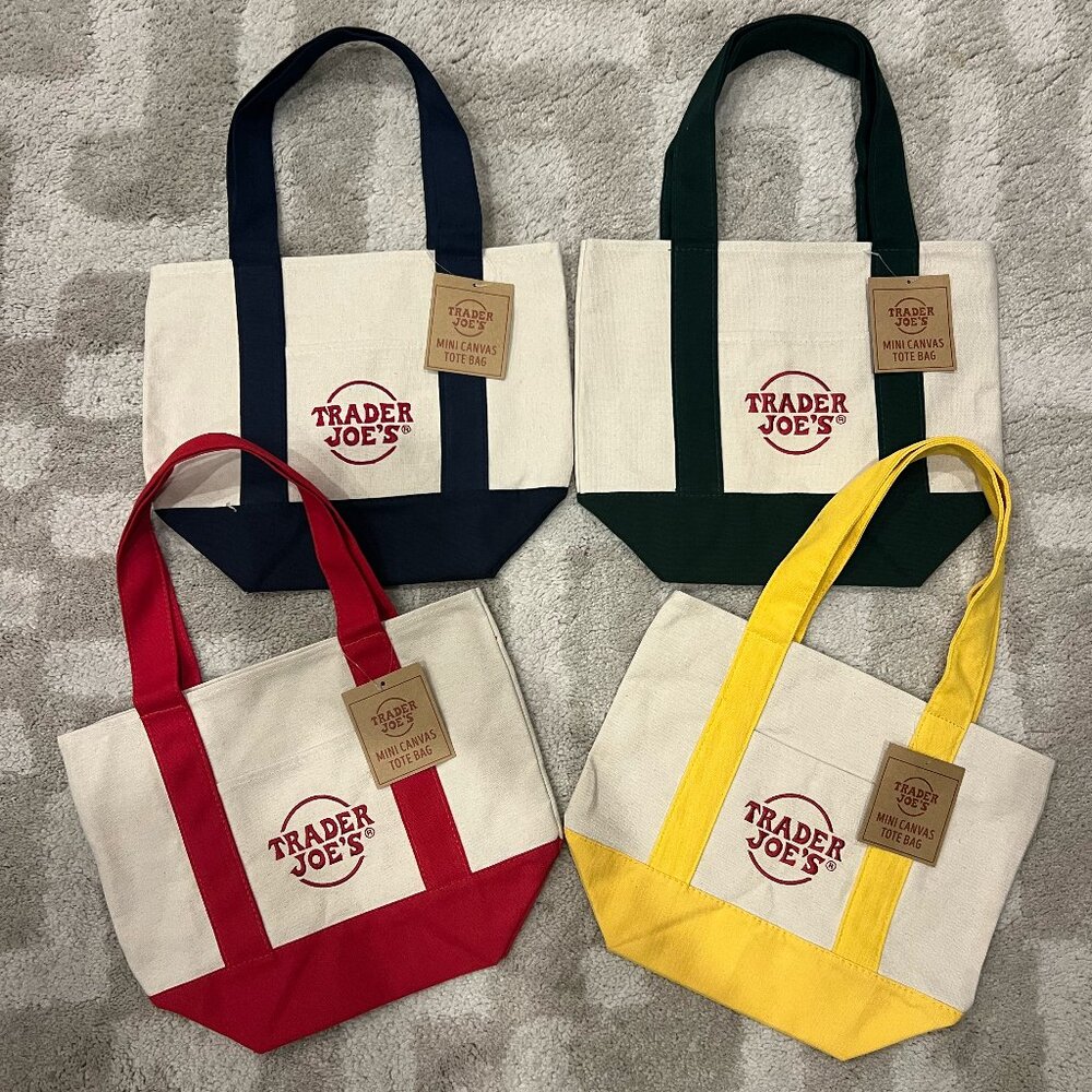Trader Joe's Mini Tote Bags - Set of 4: Blue, Green, Red, & Yellow - New w/ Tags